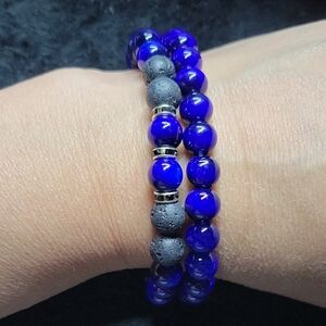 Mens Lapis Lazuli and Lava Rock Beaded Bracelet Set